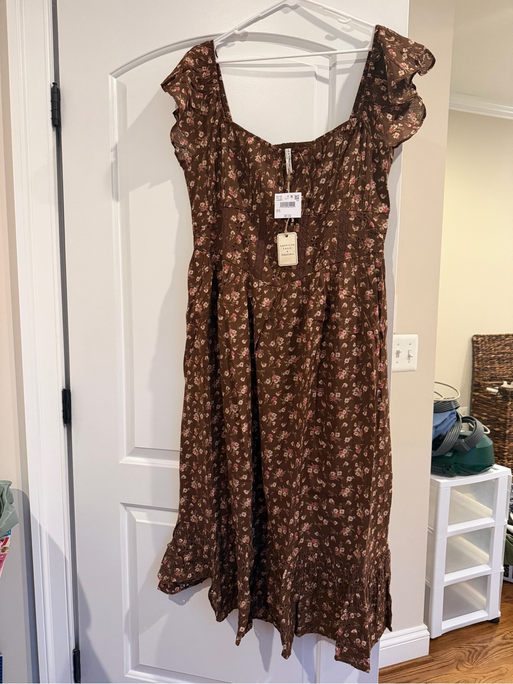 Brown Floral Ruffle-Sleeve Midi Dress